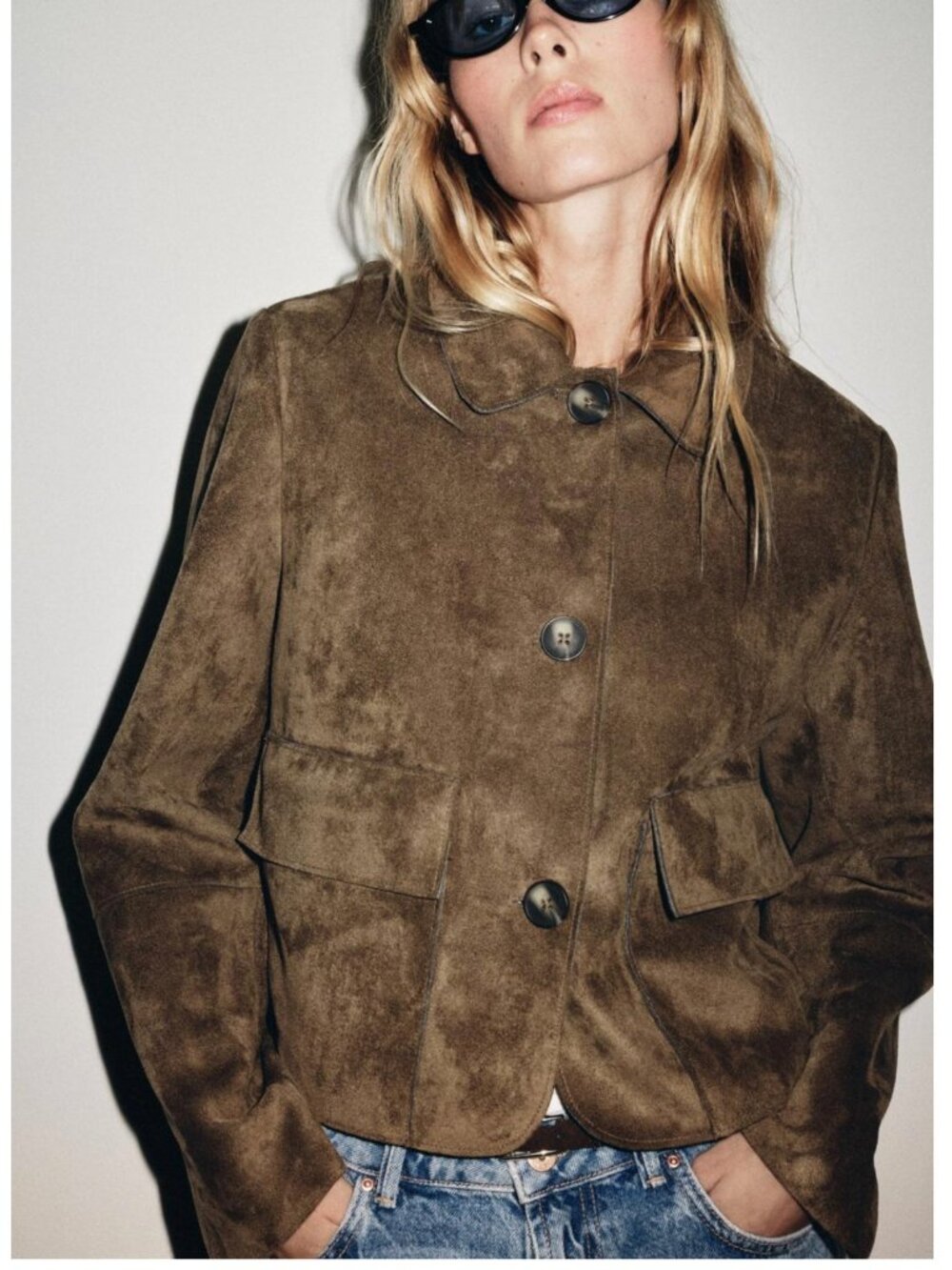 Zara Womens Cropped Faux Suede Jacket S Brown Khaki Button Front 4968/224 NWT - Picture 1 of 12